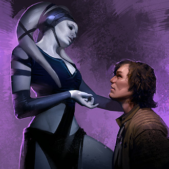 A female Twi'lek uses her seduction skills.