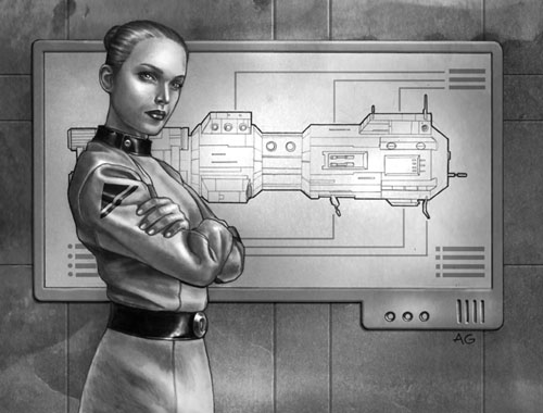 Lieutenant Commander Angela Krin in front of an Invincible-class schematic.