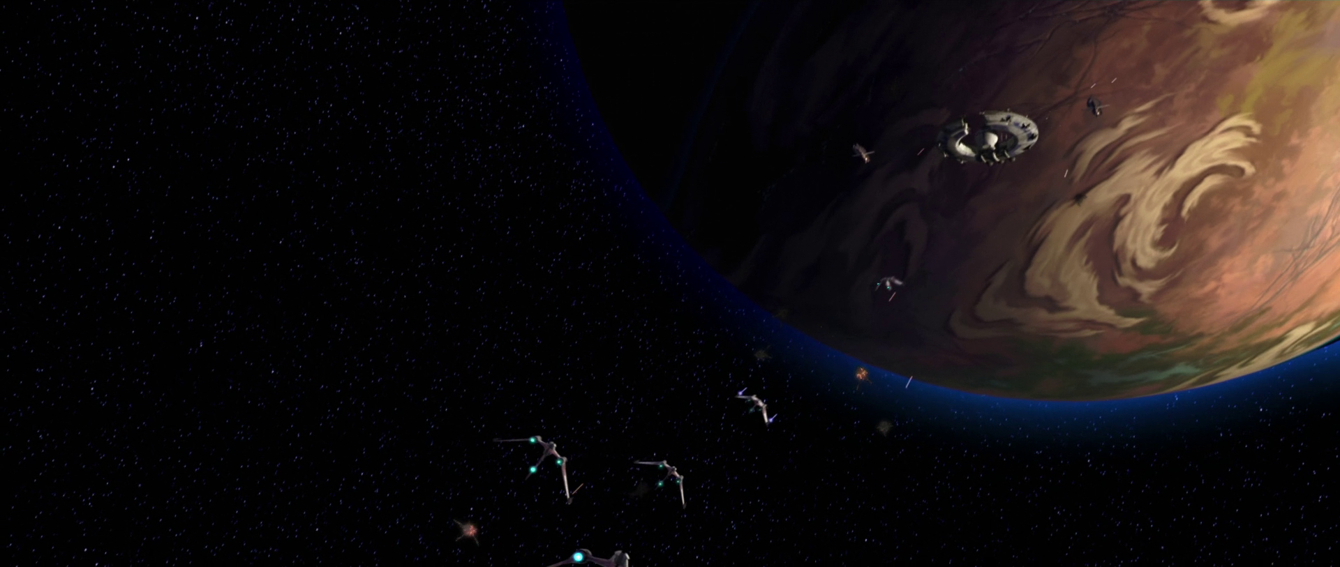 The Republic Blue Squadron makes an attack run on the Lucrehulk-class Battleship.