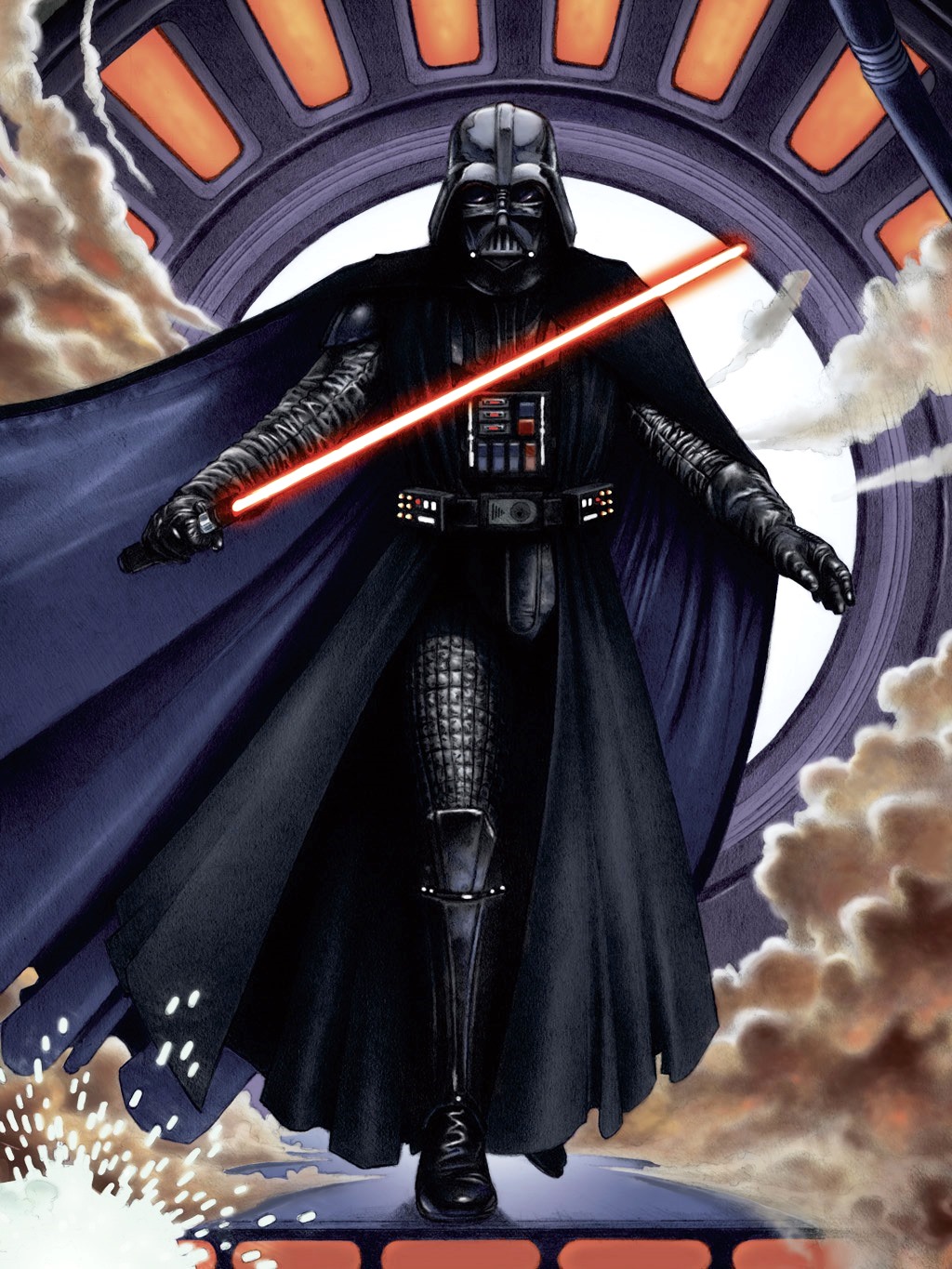 Vader emerges in his dark armor.