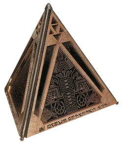A Sith holocron, bearing the inscription "In umbris potestas est
