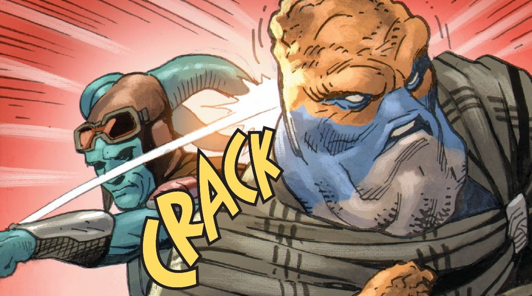 A disguised Catak punches a Houk.