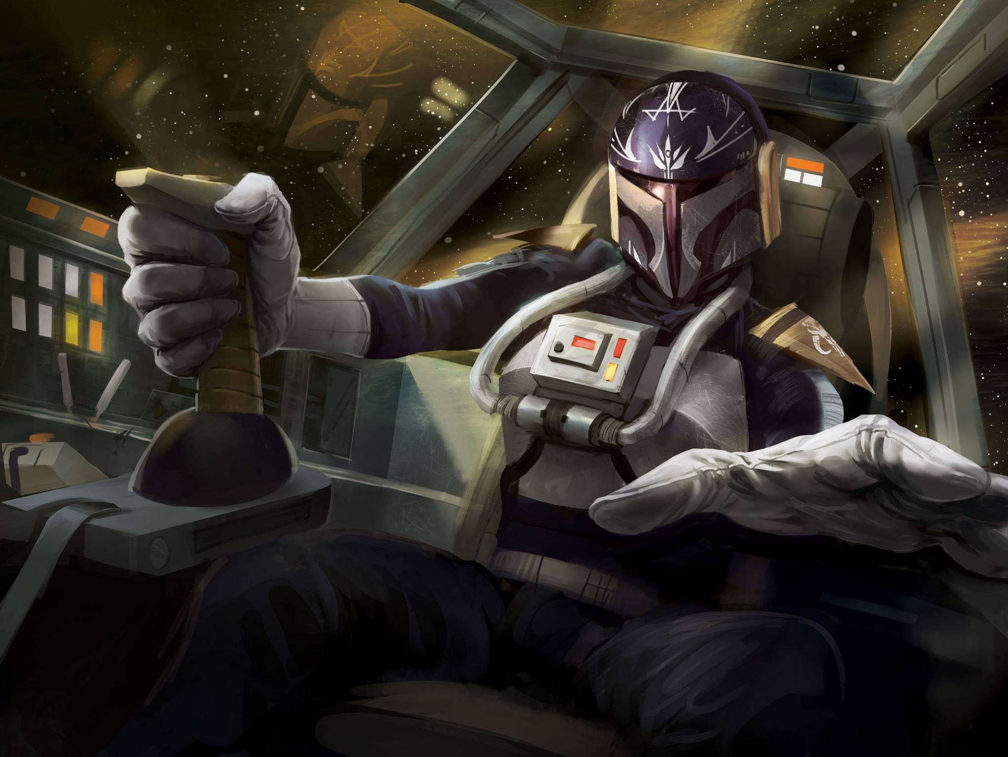 A Mandalorian Protector in the cockpit of a Fang fighter