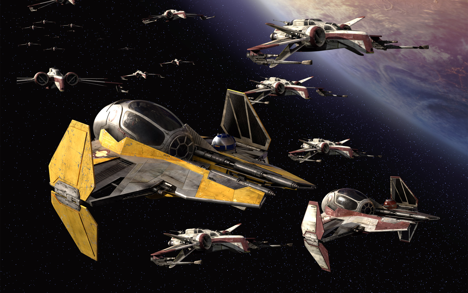 Skywalker and Kenobi pilot their Jedi starfighters over Coruscant.