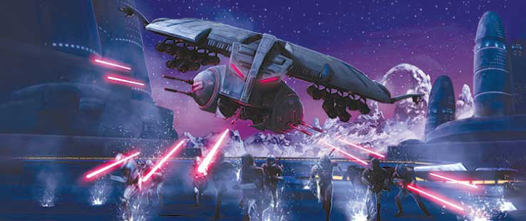 A droid gunship attacks the Coruscant Guard on Scipio.