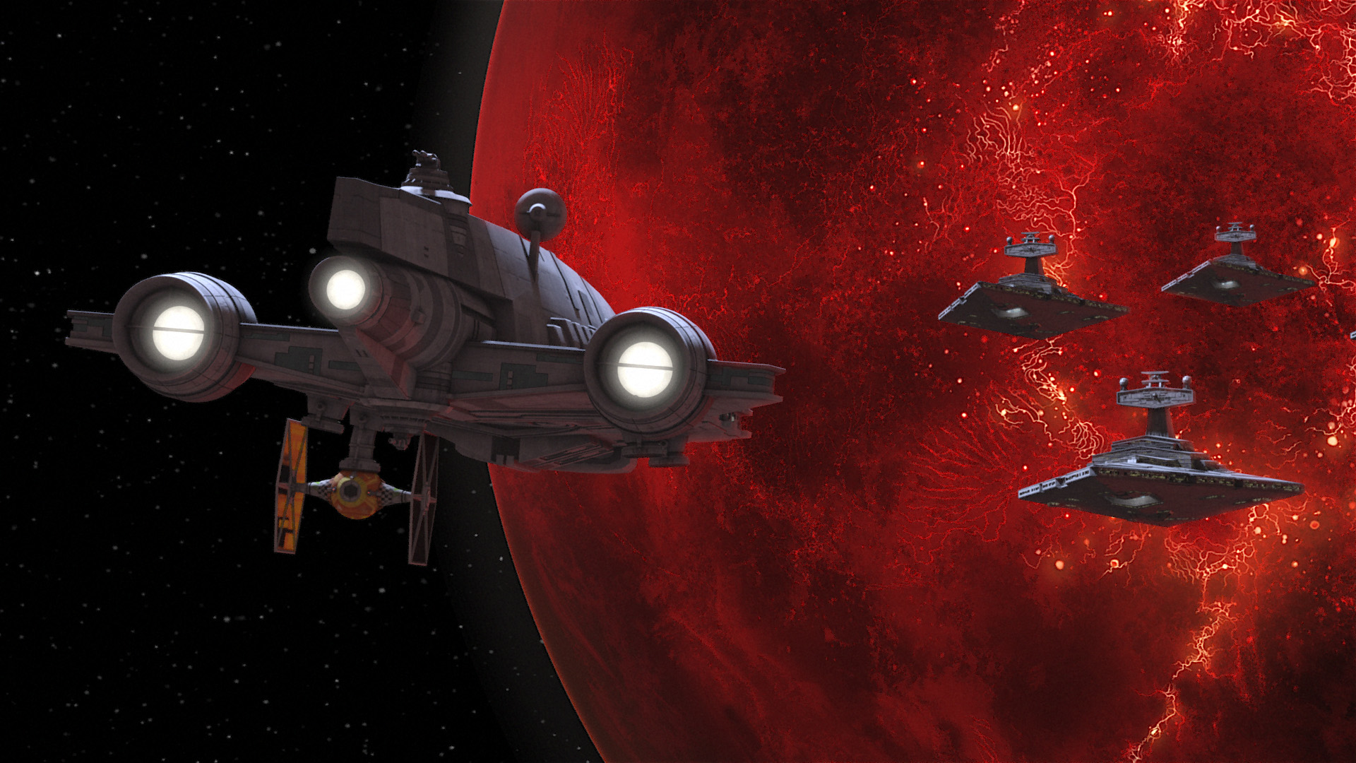 The stolen TIE fighter, carried by a Gozanti-class cruiser, approaches Mustafar.