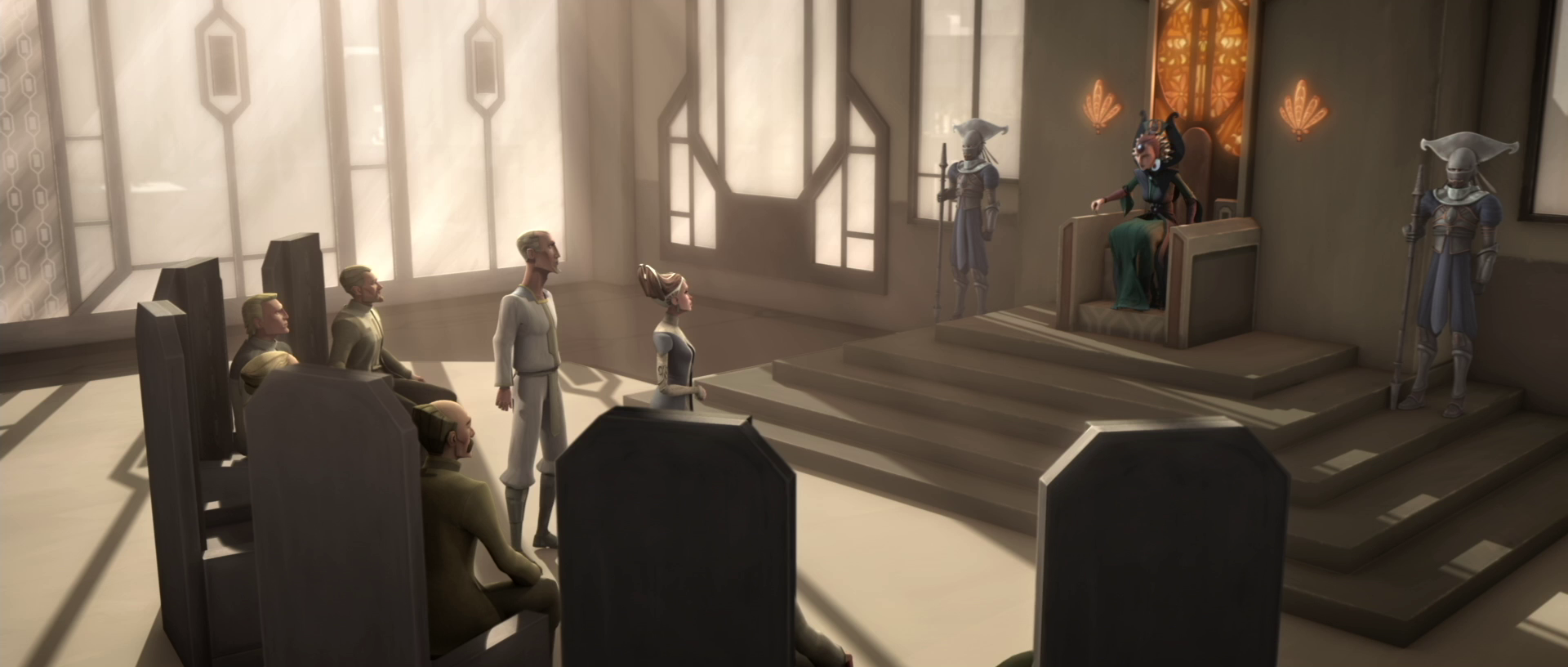 Embarrassed by their bickering in front of Senator Amidala, Kryze adjourns the government council meeting.