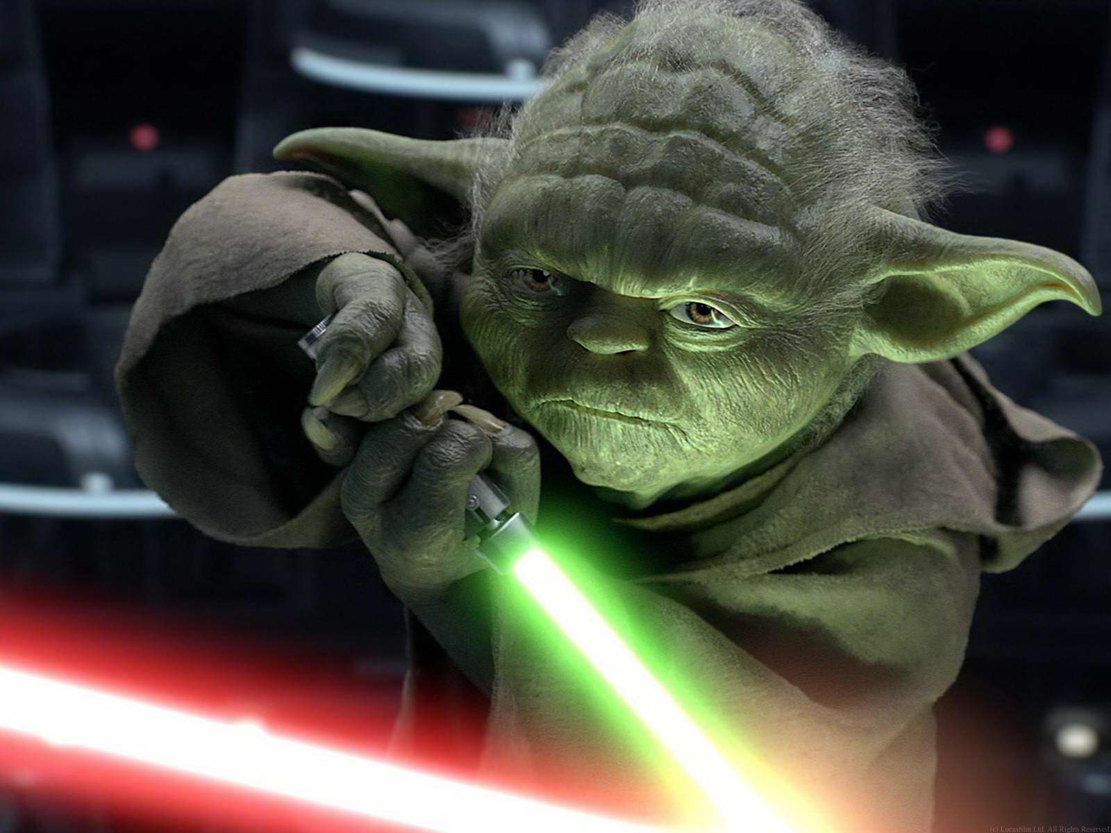 Yoda battling Darth Sidious in the Senate chamber.