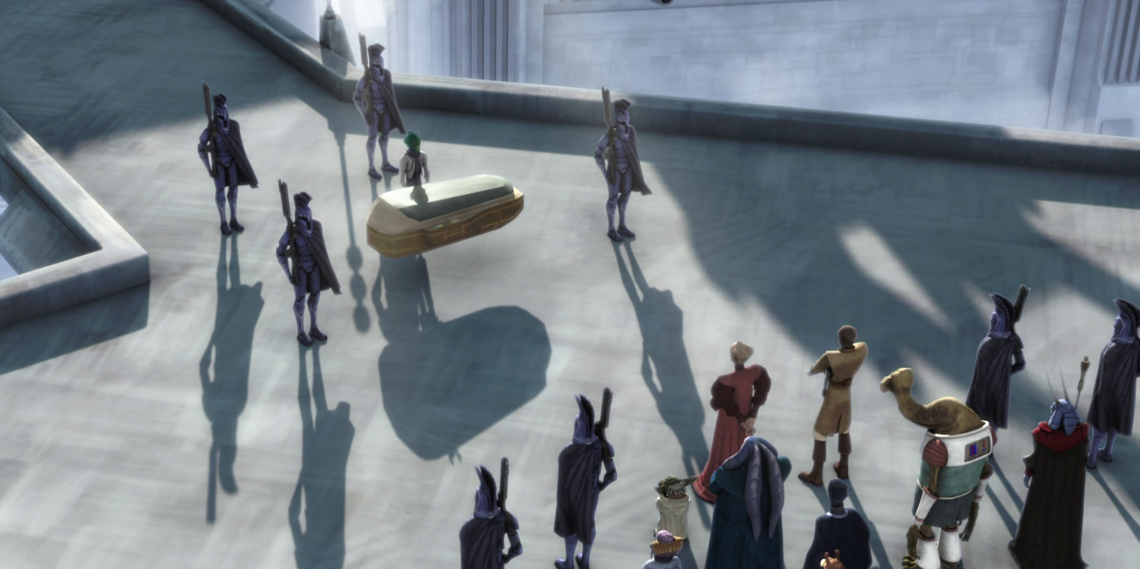 Palpatine attended the funeral of Senator Onaconda Farr, whose murder undermined Amidala's plans for a peaceful resolution of the Clone Wars.