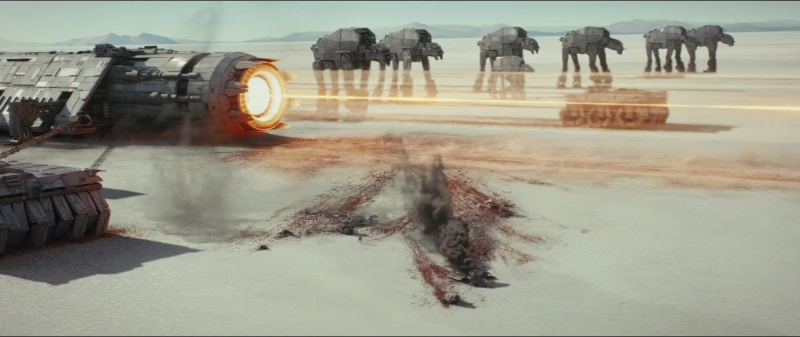 Finn and Rose Tico's V-4X D ski speeders crash in front of the First Order line on Crait