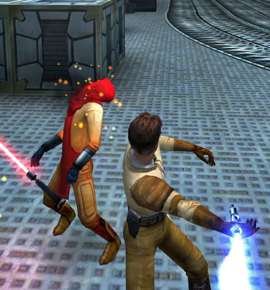 Katarn displays his superior skills in lightsaber combat, as he cuts down a Reborn in the Cairn Installation.