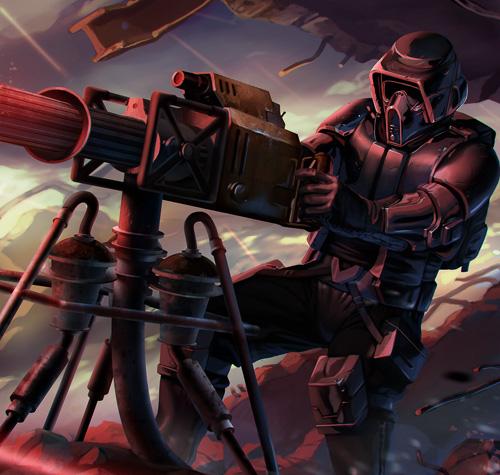 A Storm commando uses an E-Web heavy repeating blaster