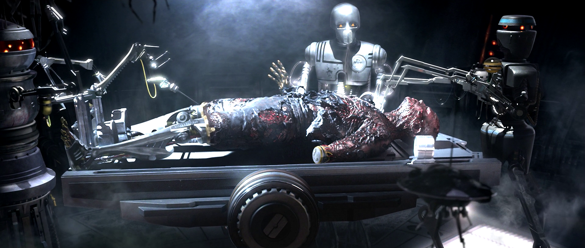 The remains of Vader's limbs are retrofitted with prosthetics.