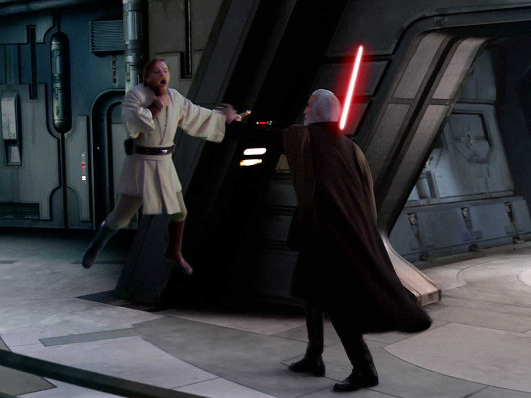 Count Dooku chokes Obi-Wan Kenobi.