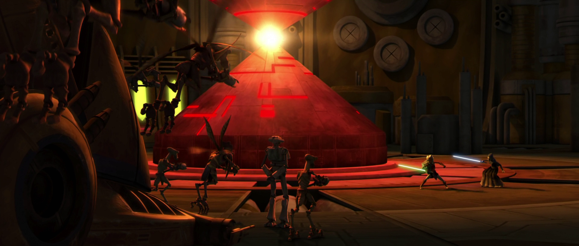 At the main droid foundry's reactor, TX-21 intercepts Ahsoka Tano and Barriss Offee with a super tank.