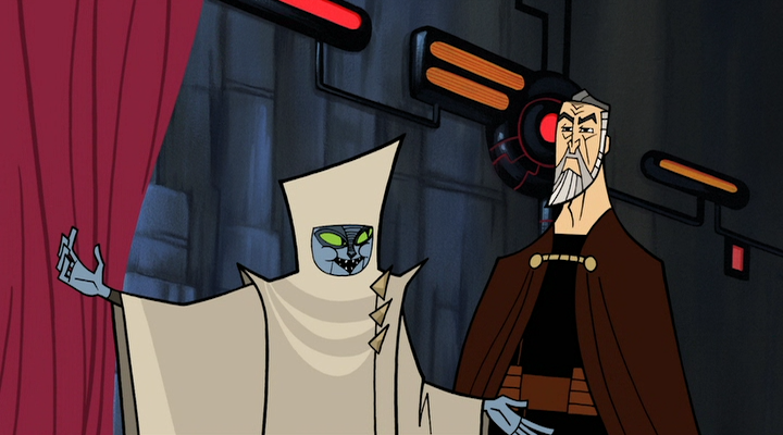 The henchman welcomes Count Dooku to the Cauldron gladiator arena.