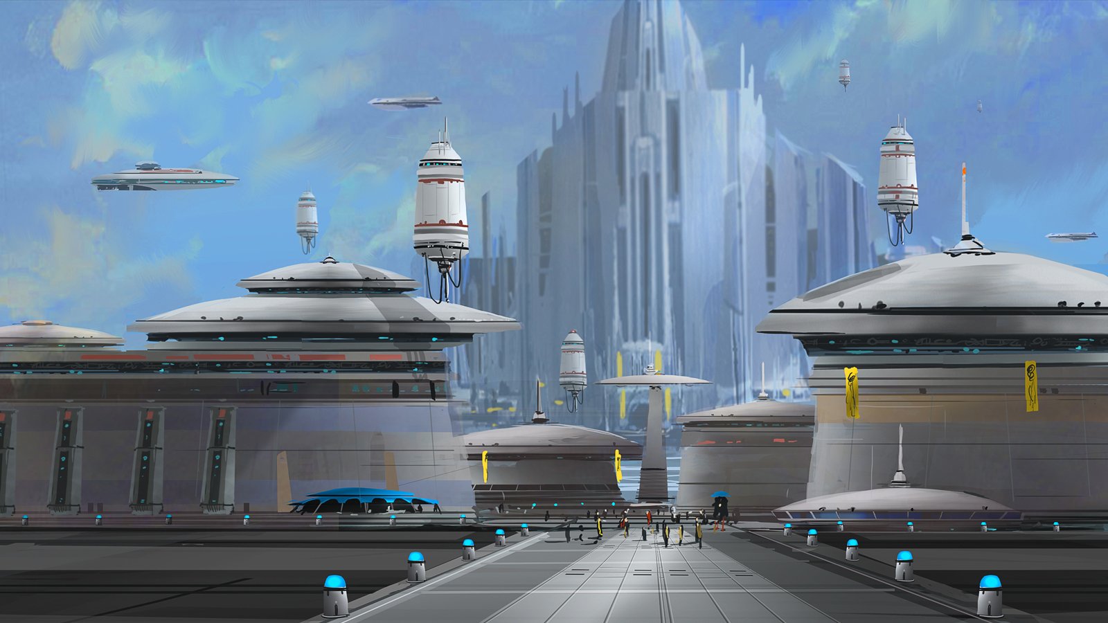 Concept art of Pallista Spaceport with Castle Organa in the back