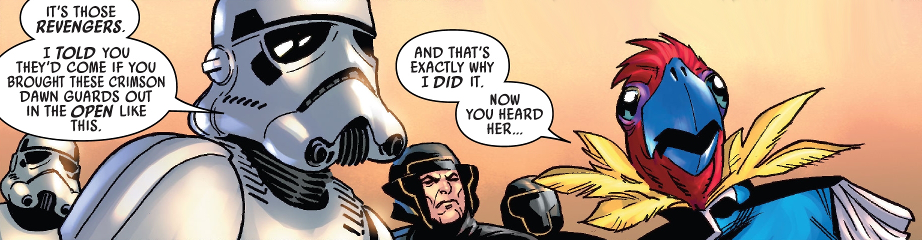 An Imperial stormtrooper speaks with Cygnus Anton.