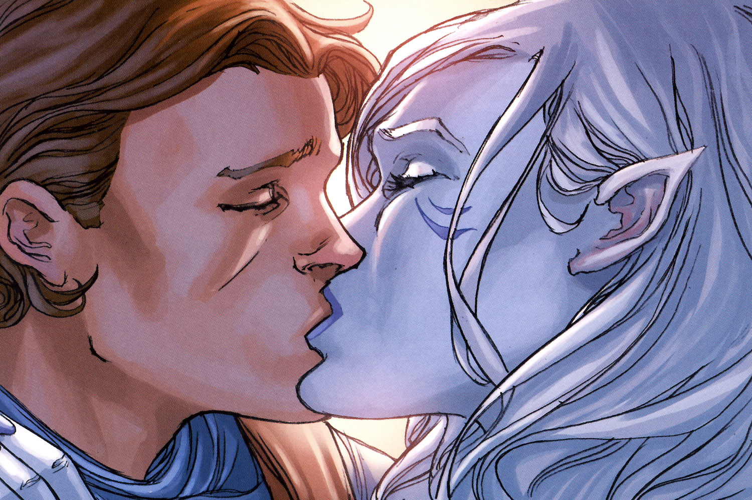 Zayne and Jarael kiss on Coruscant, one year after their first encounter.