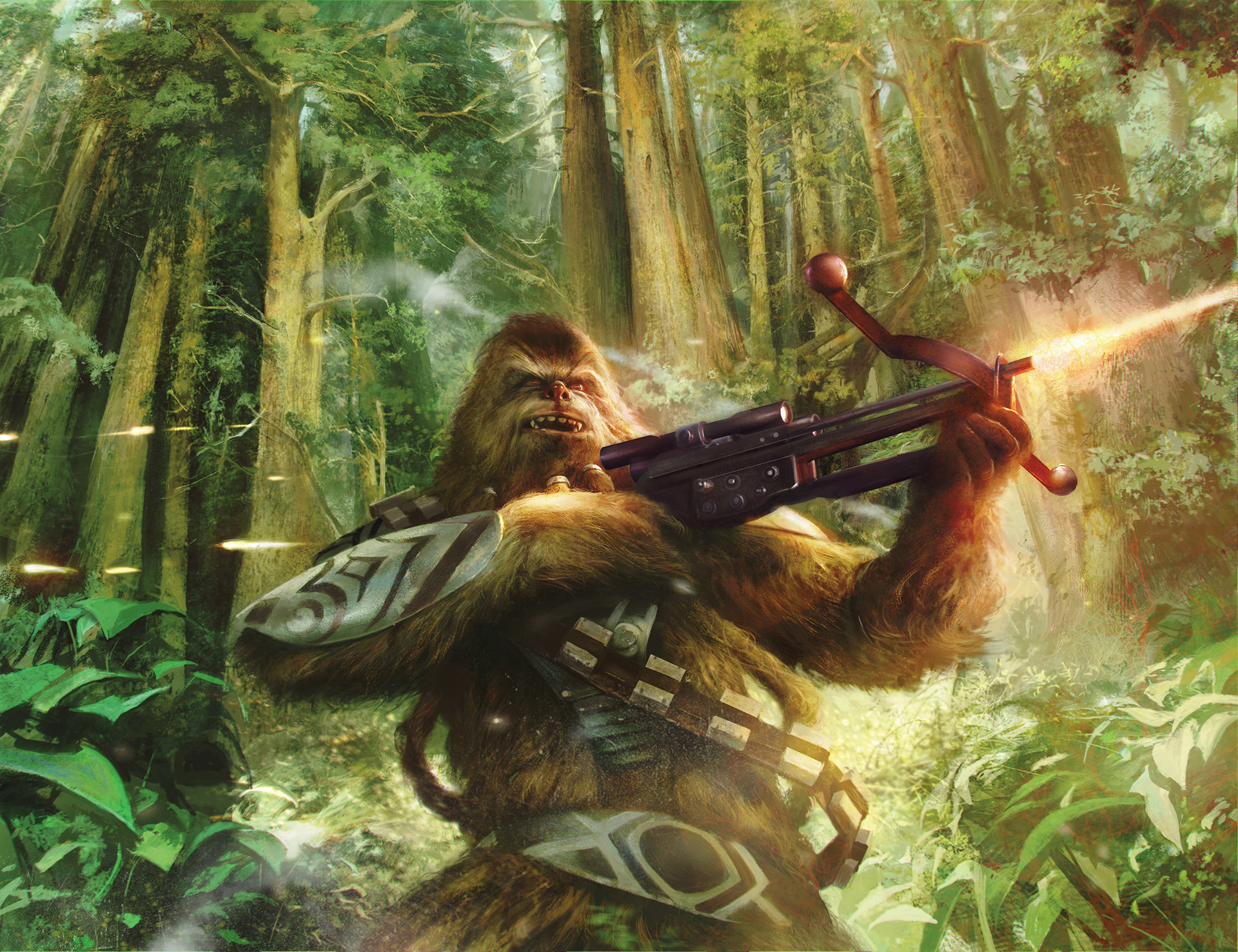 A Wookiee warrior firing his bowcaster