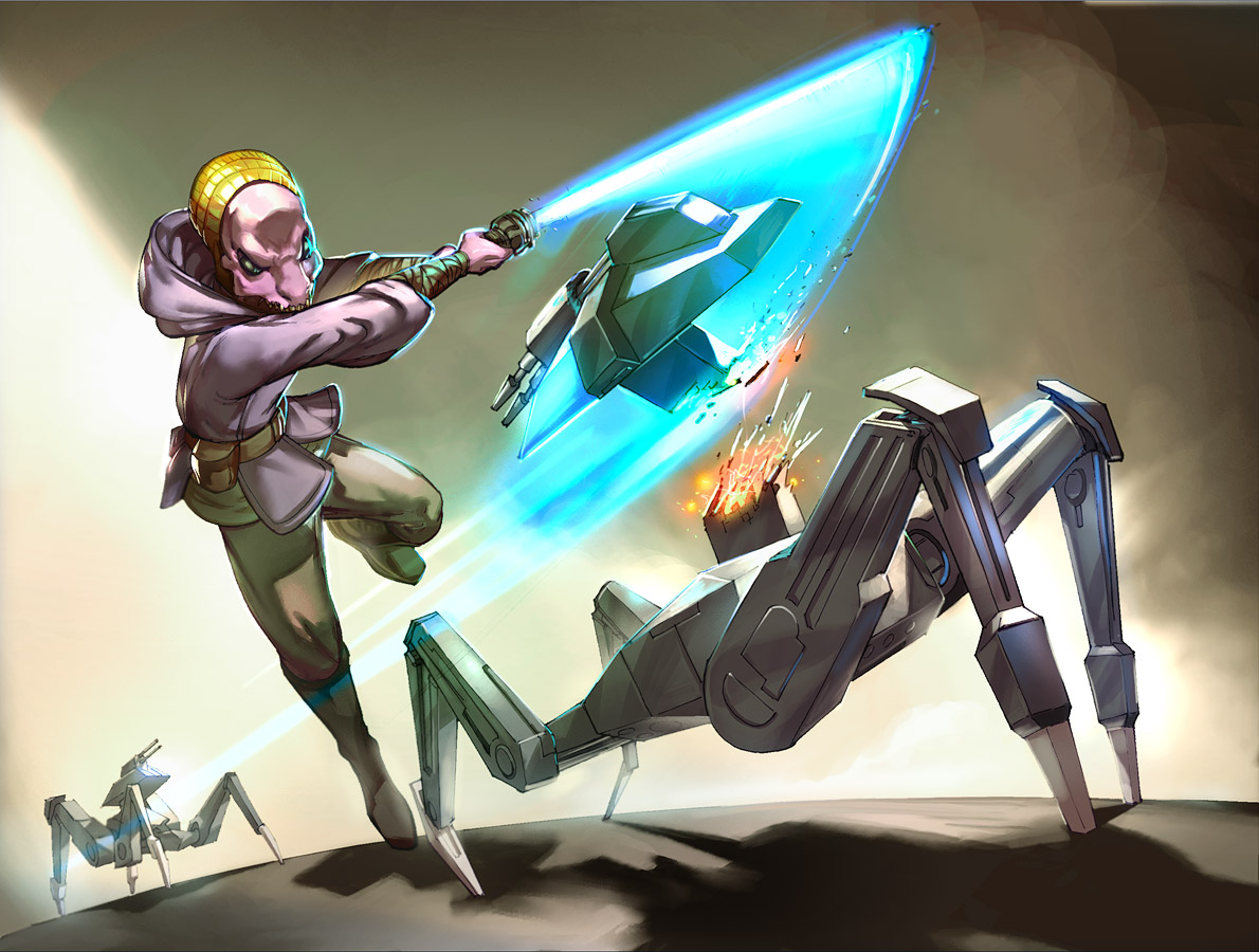 A Draethos Jedi dispatches an Mark IV assault droid