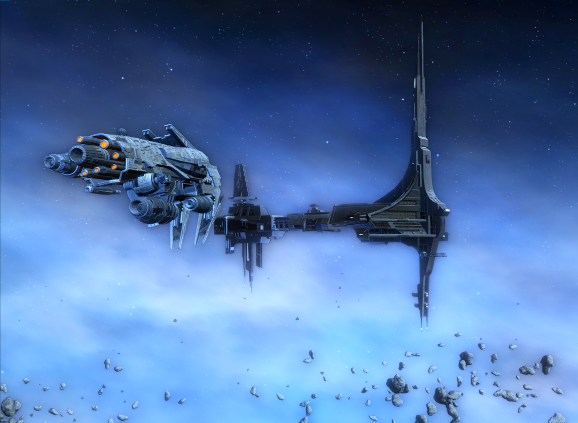 The Gravestone approaches a lone Eternal Fleet warship.