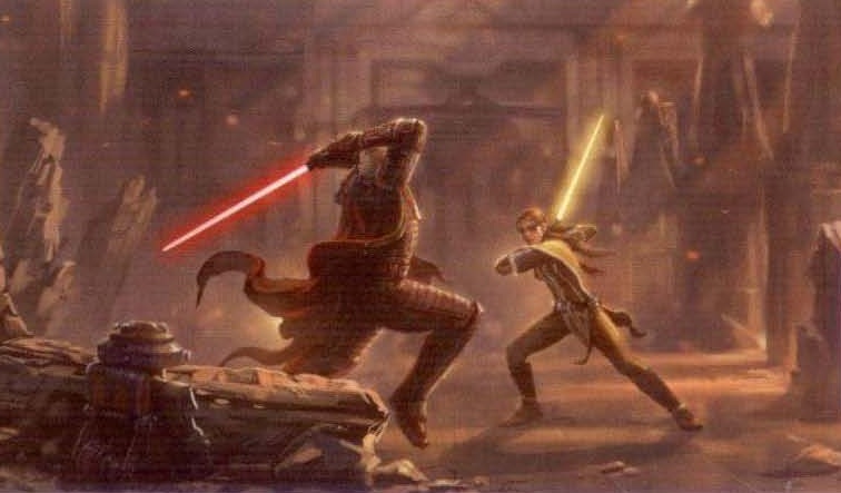 Darth Malgus and Aryn Leneer duel in the ruins of the Jedi Temple.