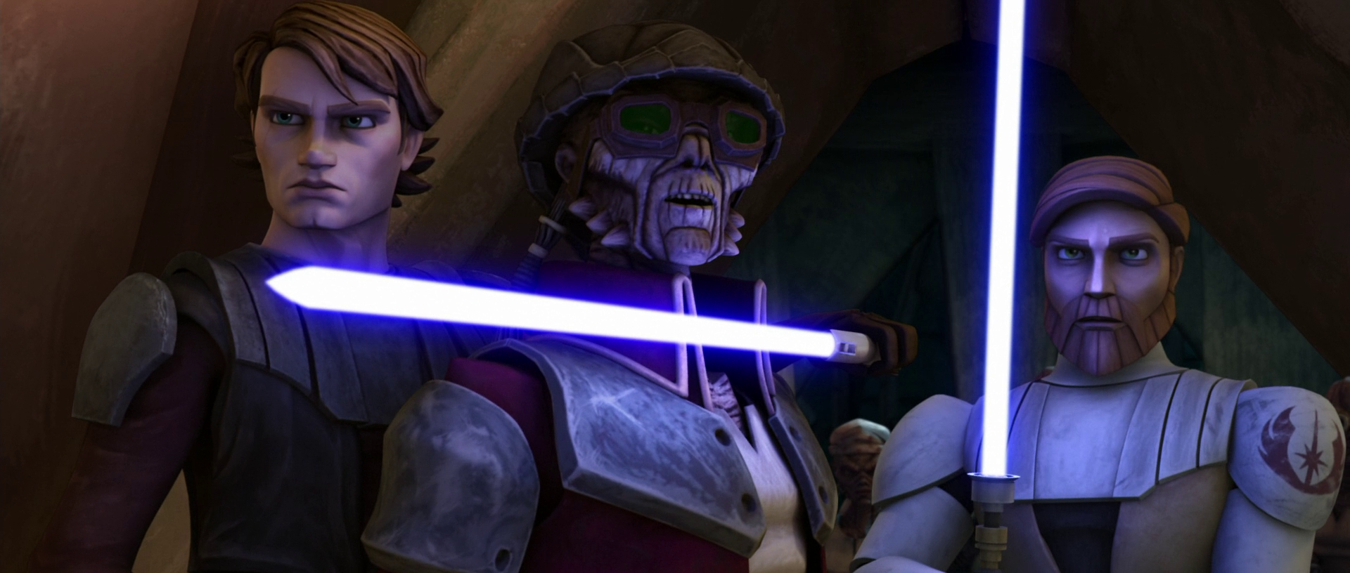 Anakin Skywalker holds Hondo Ohnaka hostage with his lightsaber.