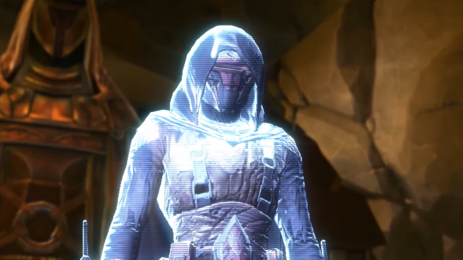 Revan talks to the intruder at the Sky Ridge Island stronghold.