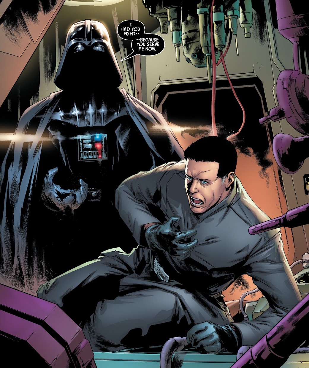 Darth Vader stands over the healed Beilert Valance, declaring that the bounty hunter will return to Imperial service.