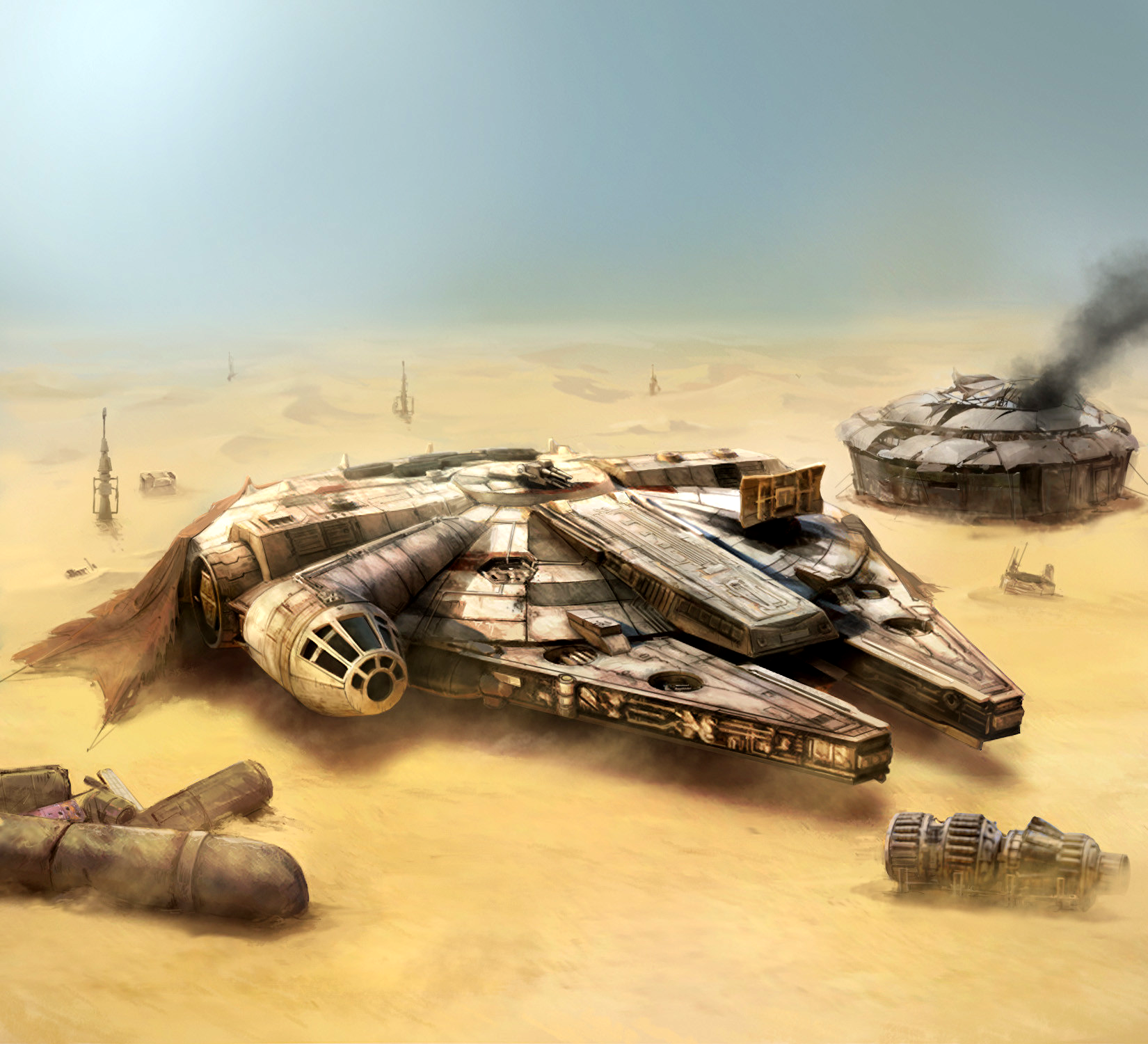 The Millennium Falcon in Plutt's junkyard outside Niima Outpost.