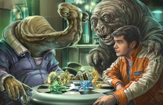 An Ithorian playing holochess against a Human opponent, as a Baragwin observes.