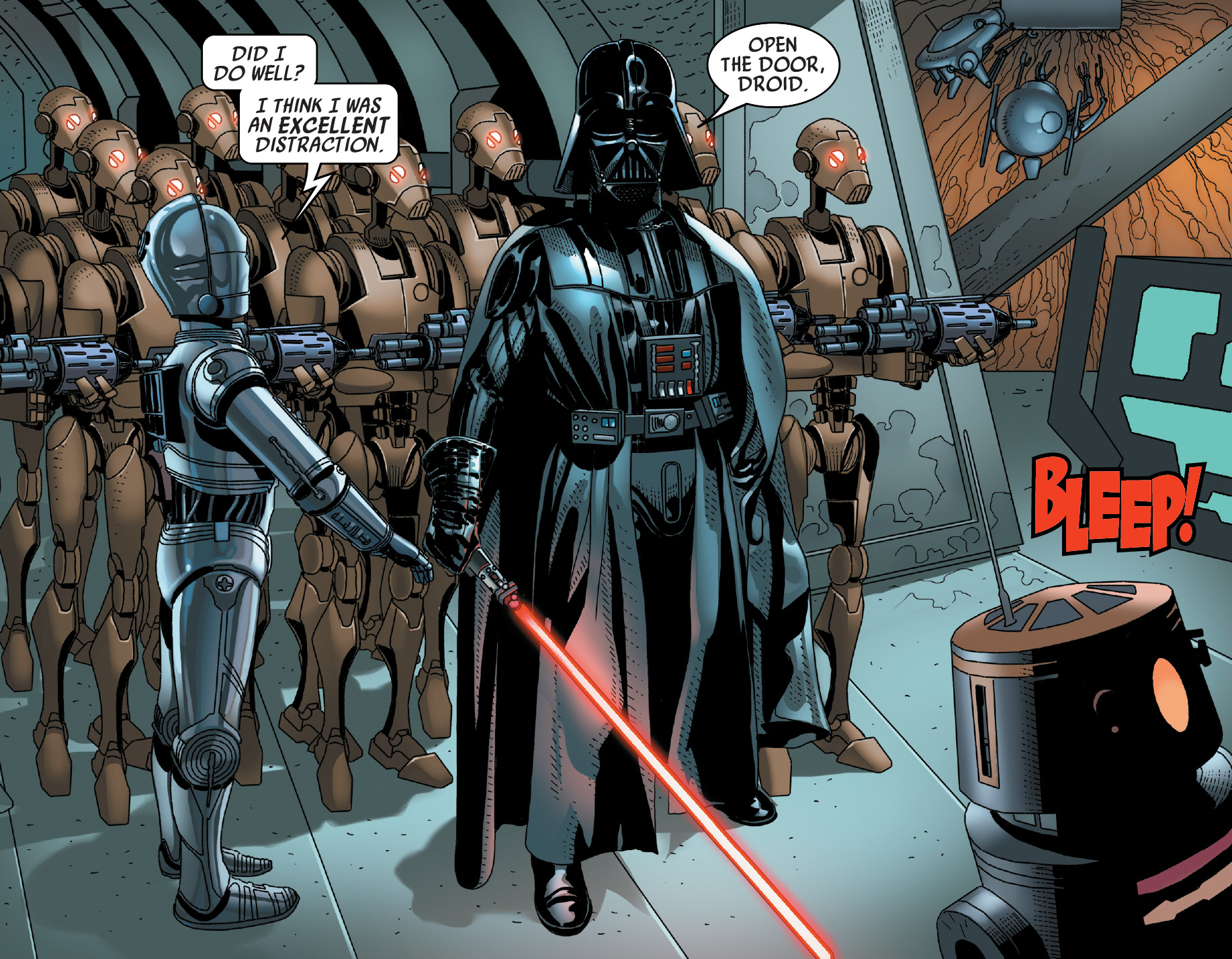 Triple-Zero inquires as to whether he had been an adequate distraction to his master, Darth Vader.