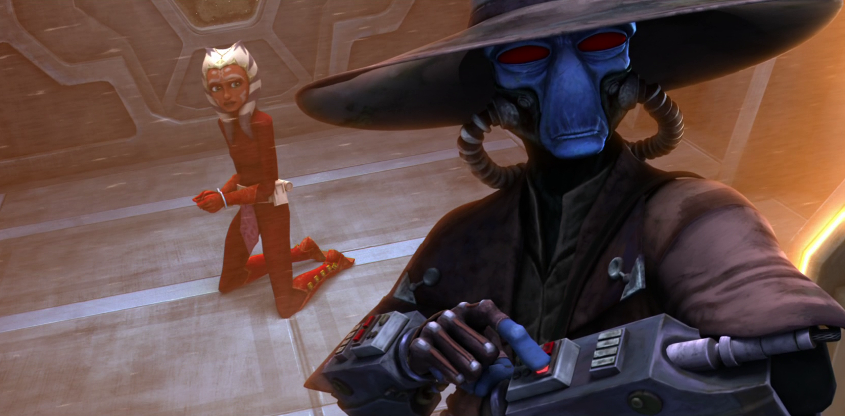 Tano is held hostage by Cad Bane.