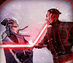 Cha and Kyrisa engaged in a lightsaber combat