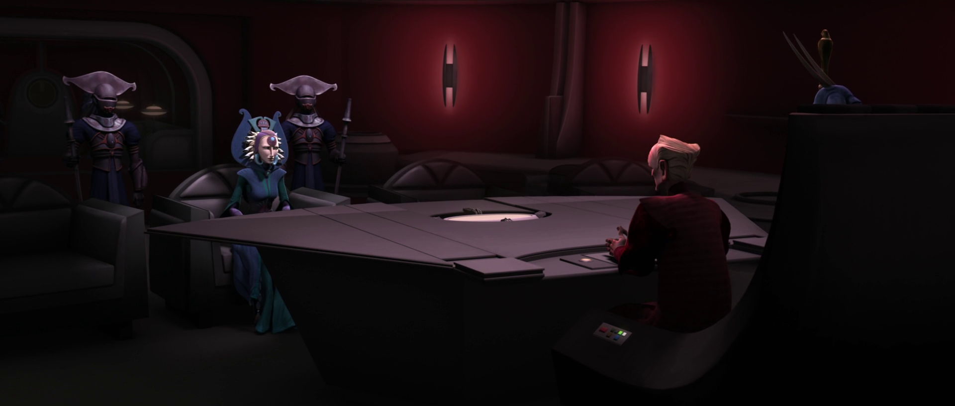 Duchess Satine Kryze received an audience with Chancellor Palpatine in his office.