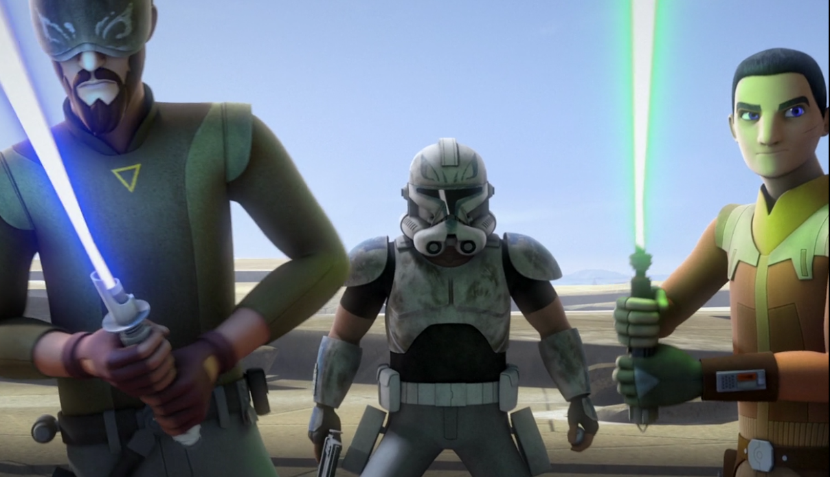 Kanan, Ezra, and Rex fight against Kalani's droids