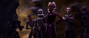 Rex heads into the Citadel's old fortress tunnels with Ahsoka Tano, Wilhuff Tarkin, Fives, and Echo.