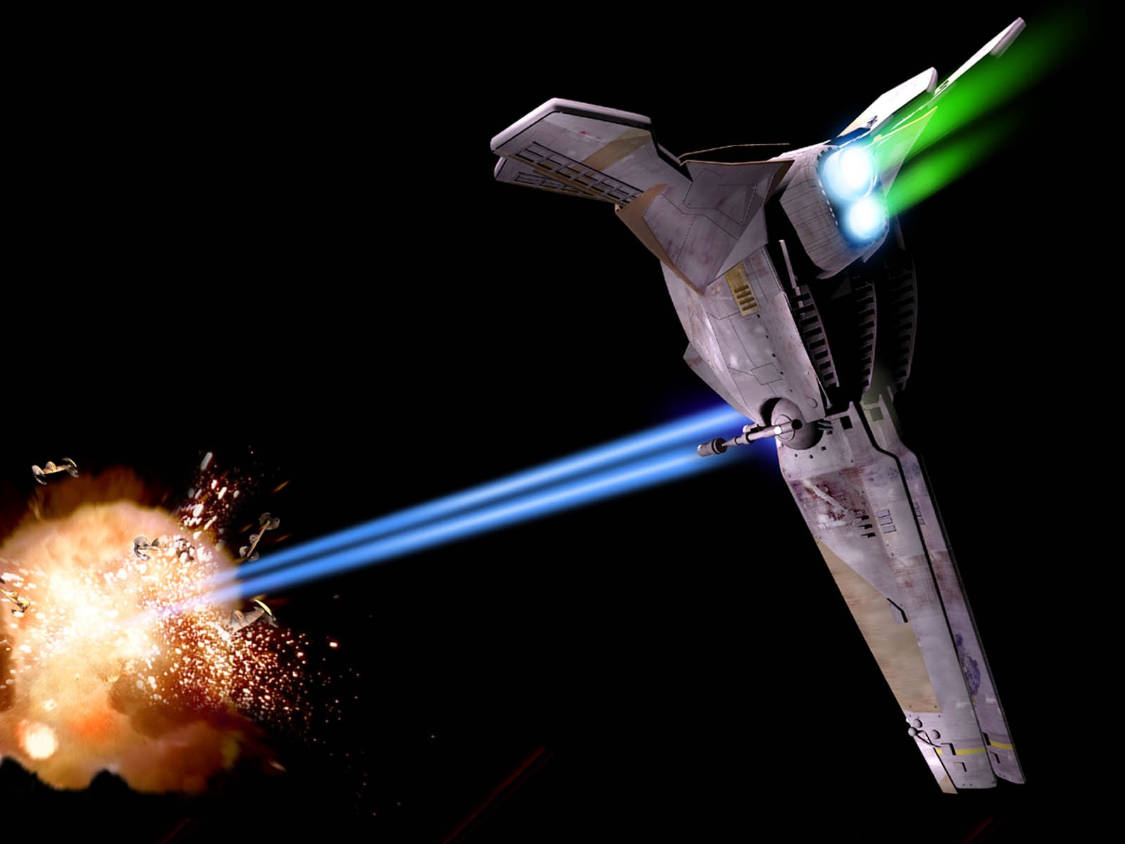 The Mantis destroys Trade Federation droid starfighters.