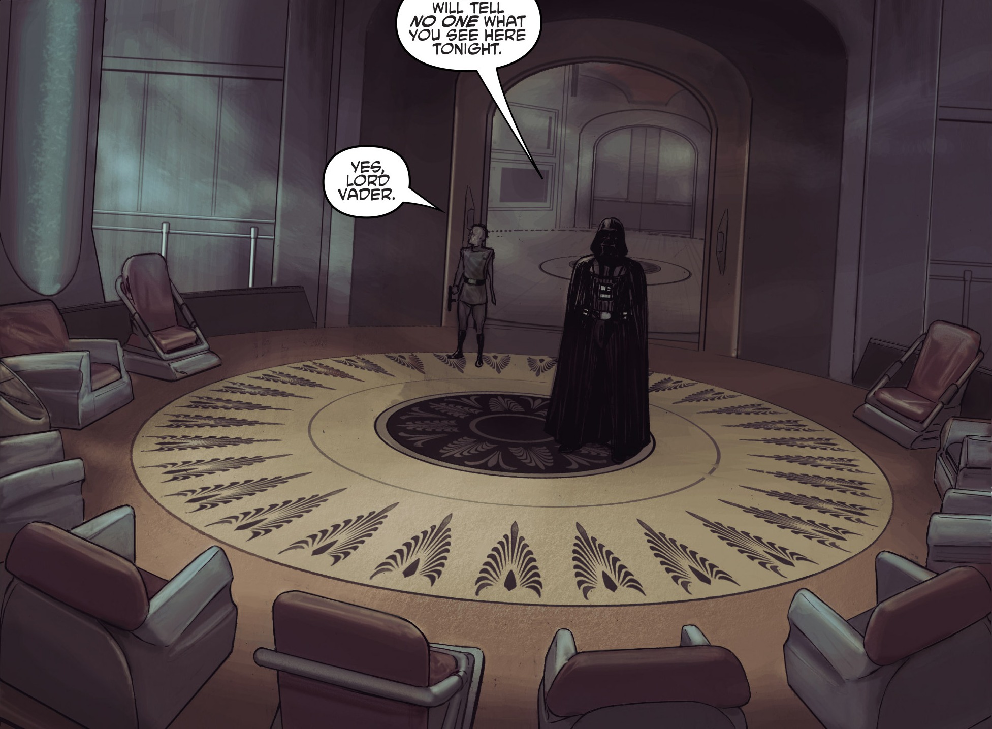 Darth Vader stands in the now-empty High Council Chamber a few months after the Declaration of a New Order.