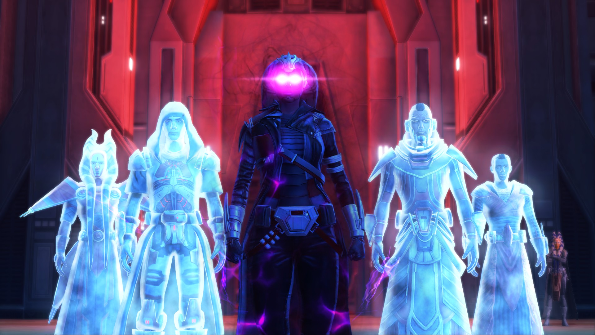 Kallig, flanked by the ghosts of Kalatosh Zavros, Darth Andru, Horak-mul, and Ergast