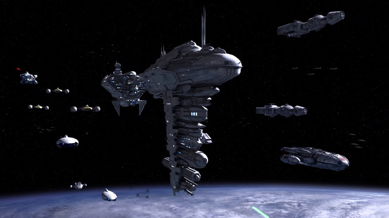 The Salvation and other Rebel ships exiting from hyperspace above Kamino.