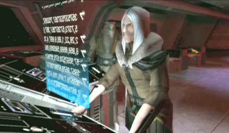 Tyber Zann viewing the value and contents of Palpatine's vaults on board the Eclipse.