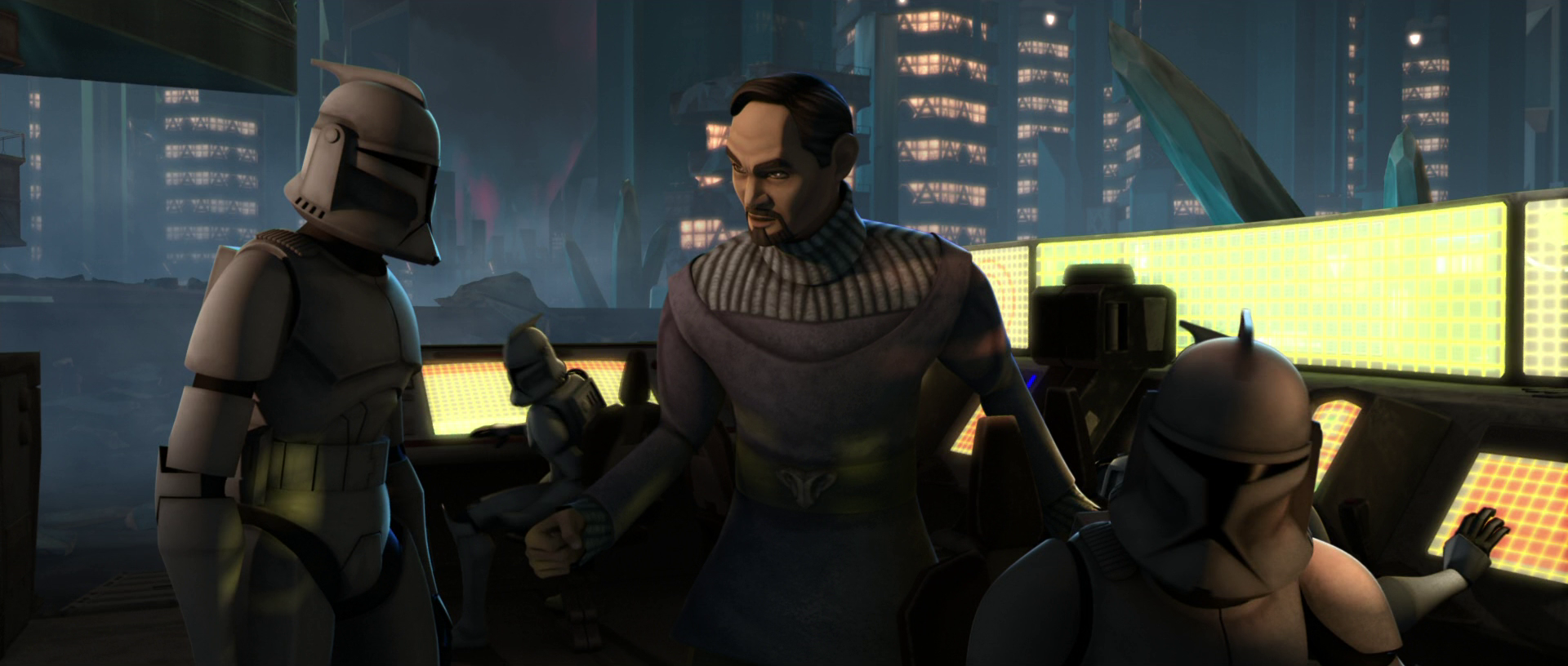 Bail instructs his clone detachment while under attack by Separatist forces.