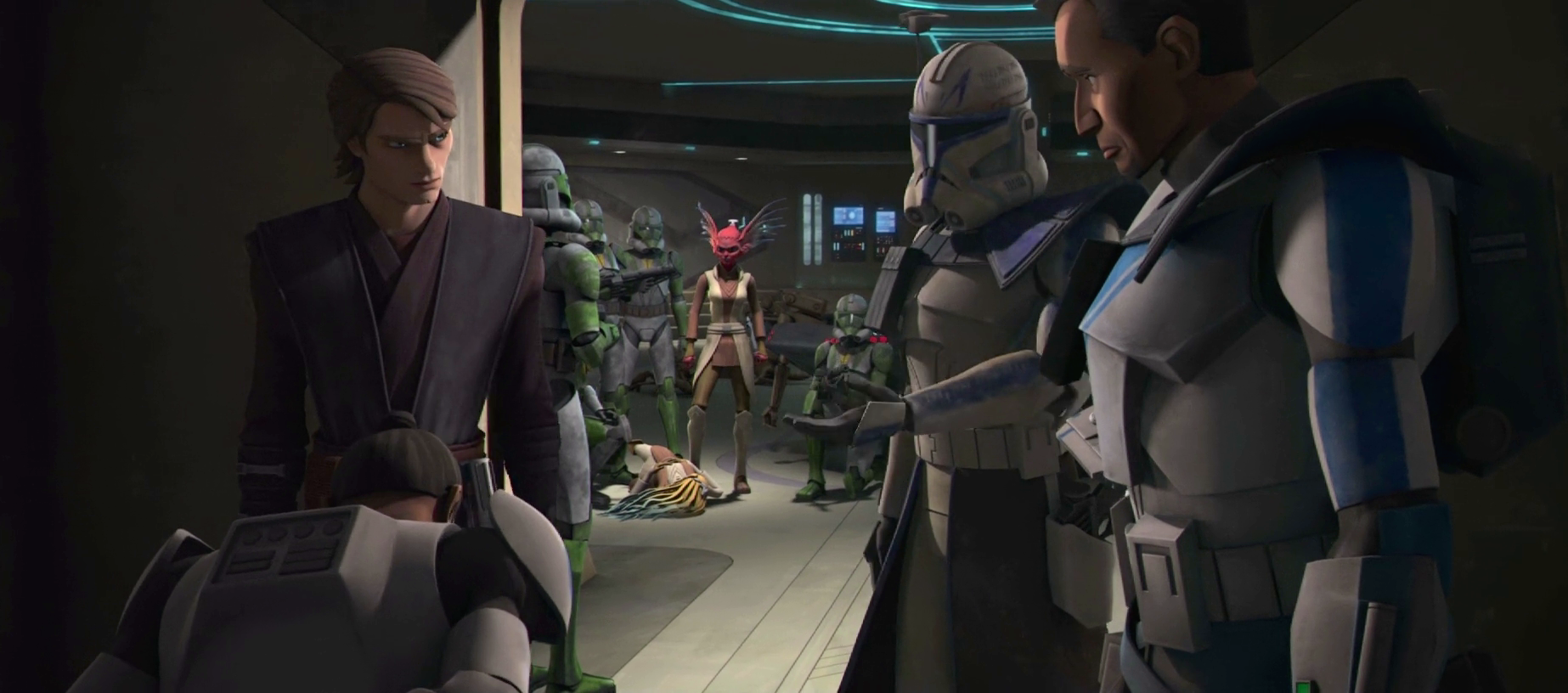 Fives participates in the interrogation of Tup following his unexpected killing of Jedi Master Tiplar.