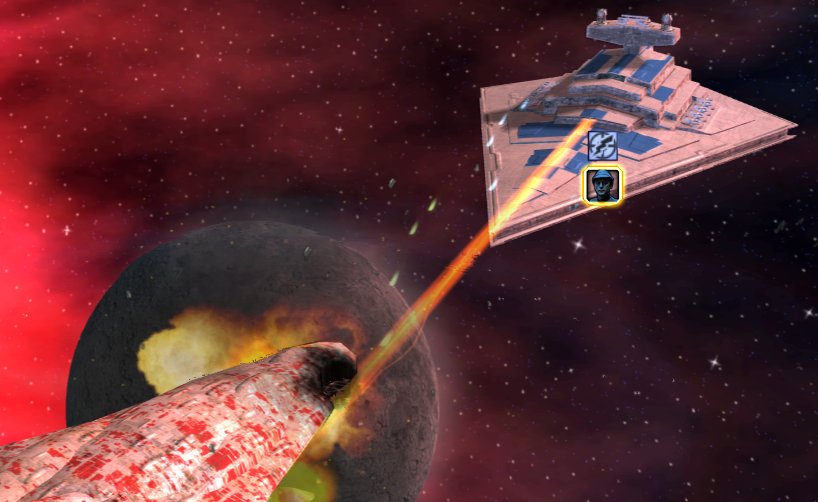 Piett's Accuser fires its proton beam cannon at a Mon Calamari Cruiser.