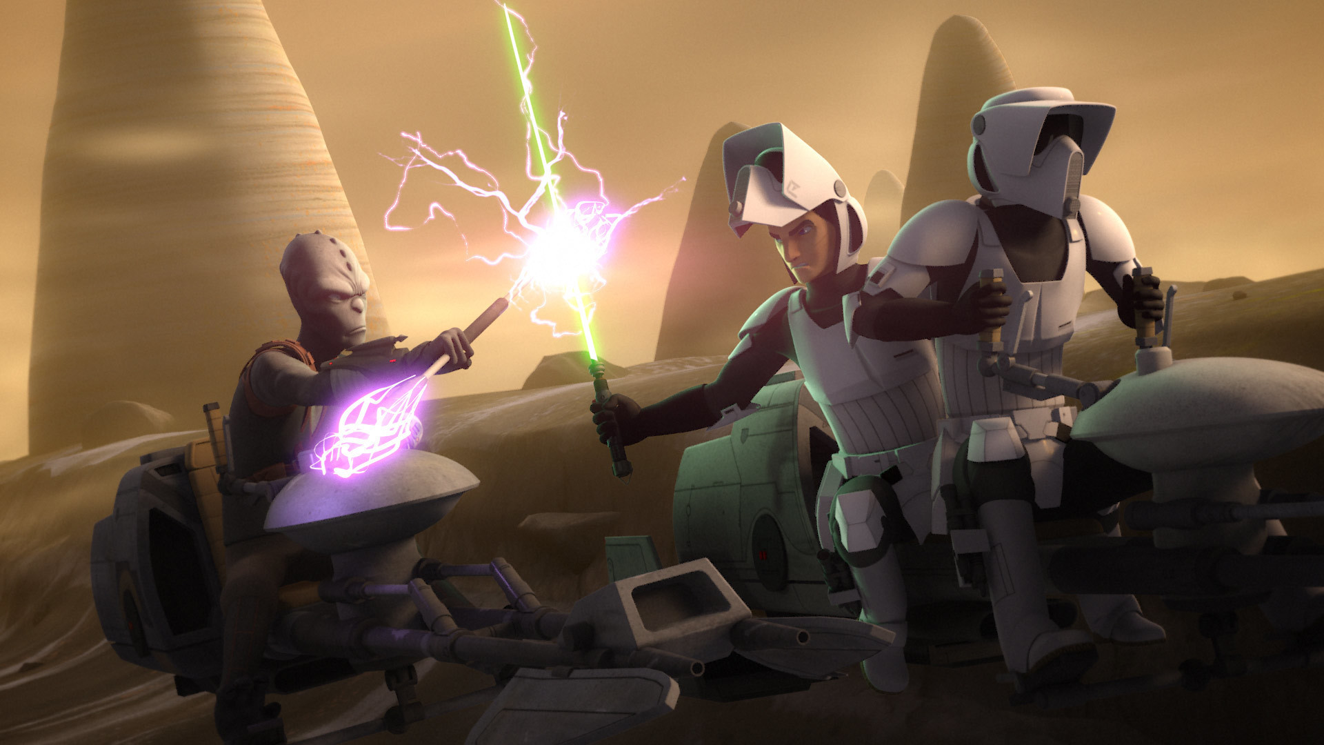 Jai (far right) and Ezra Bridger fleeing Rukh