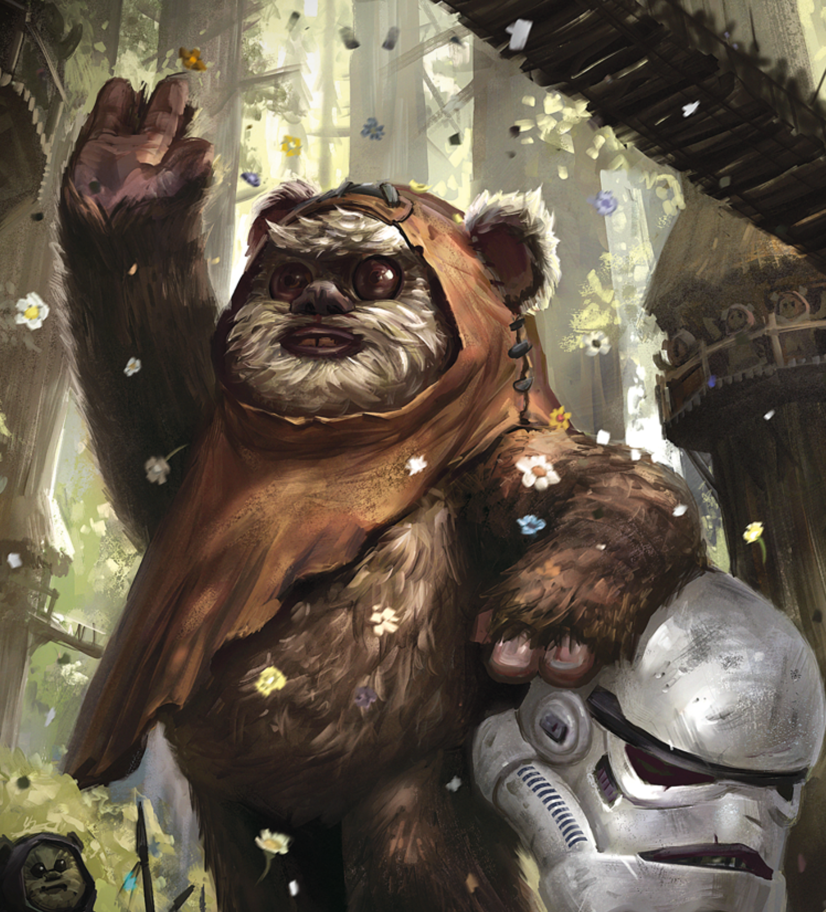 Wicket with the helmet of a fallen stormtrooper