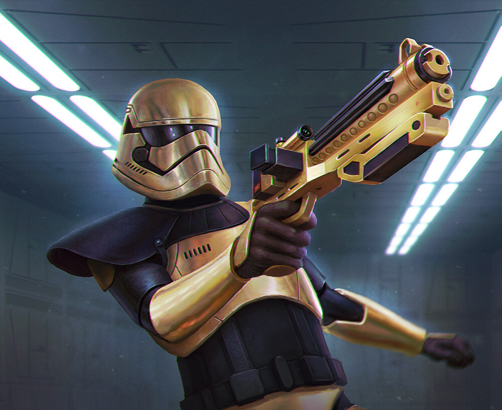 Pyre used a gold-plated version of the First Order stormtrooper armor and the F-11D blaster rifle.