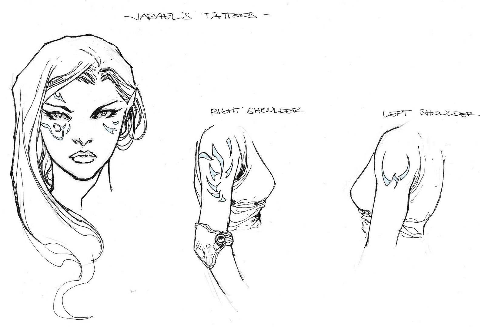 Brian Ching's model sheet of Jarael's tattoos